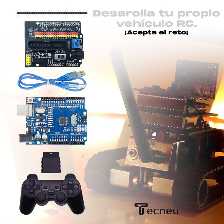 Kit Arduino UNO SMD + Shield Control Remoto PS2 + Mando Emisor y Receptor - Tecneu