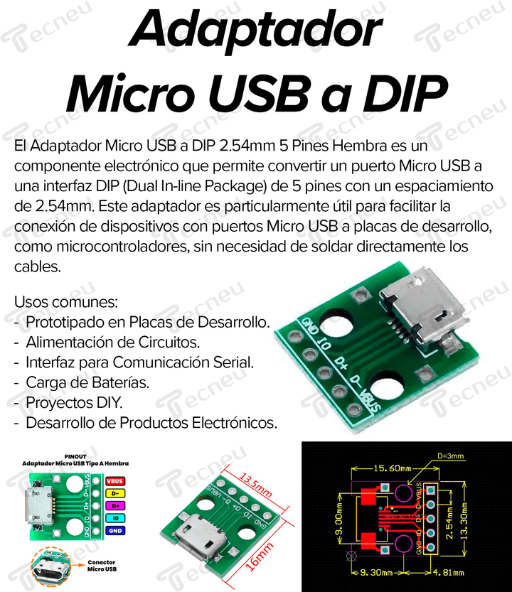 Adaptador Micro Usb A Dip 2.54mm 5 Pines Hembra Pcb MCU - Tecneu