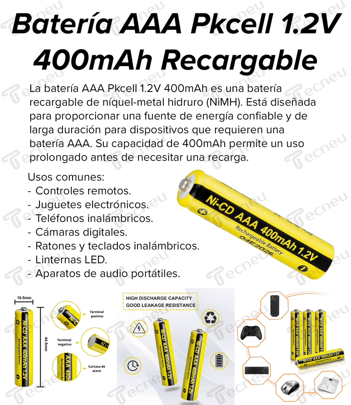 Batería AAA Pkcell 1.2v 400mAh Recargable Control Remoto - Tecneu