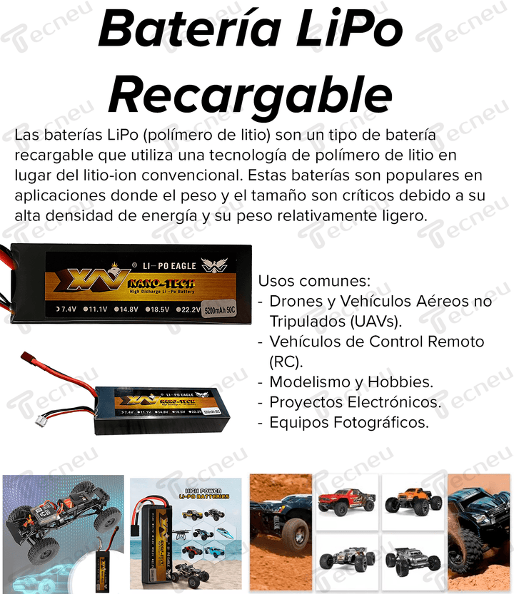 Batería LiPo Recargable 5200mah 7.4v 2s Conector Estilo T - Tecneu