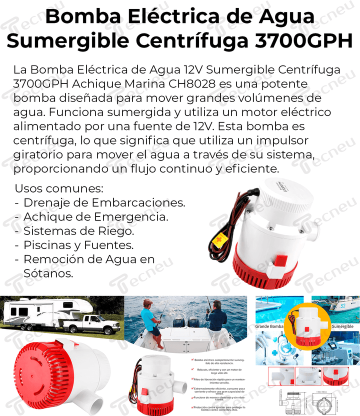 Bomba Eléctrica De Agua 12v Sumergible Centrífuga 750GPH Achique Marina - Tecneu