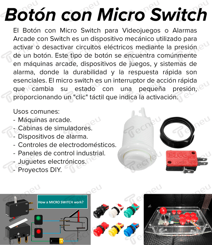 Boton Con Micro Switch Para Videojuegos O Alarmas Arcade Con Switch - Tecneu