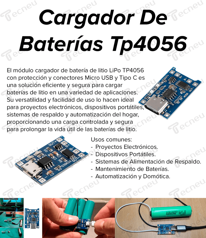 Modulo Cargador De Bateria Litio Lipo Tp4056 Con Proteccion Conector Micro UBS - Tecneu