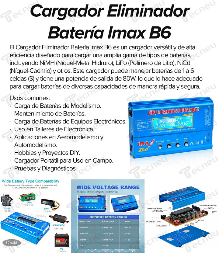 Cargador Eliminador Batería Imax B6 Nimh Lipo 1 - 6s Nicd 80w - Tecneu