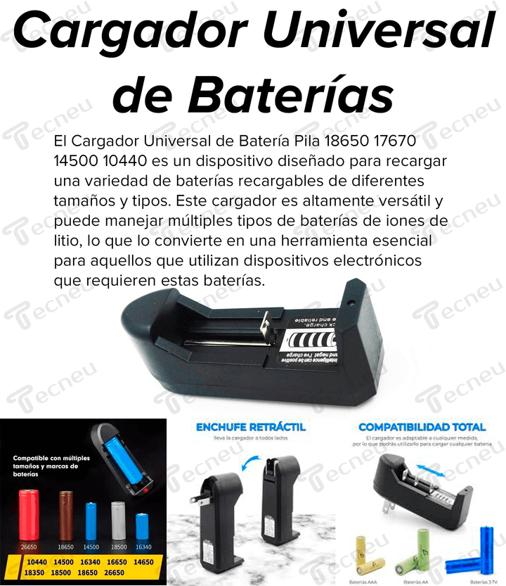 Cargador Universal Batería Pila 18650 17670 14500 10440 - Tecneu