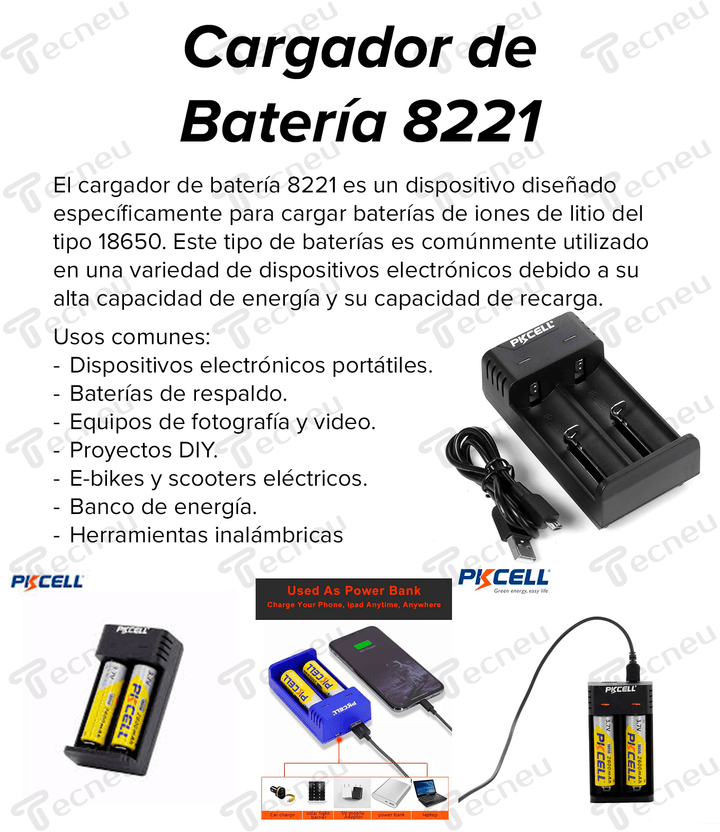 Cargador de batería 8221 para baterías de iones de litio 18650 - Tecneu