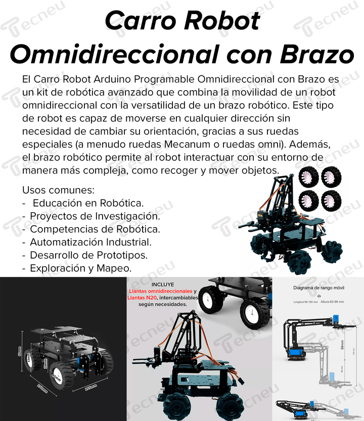 Carro Robot Arduino Programable Omnidireccional Con Brazo y Llantas De Repuesto N20 - Tecneu