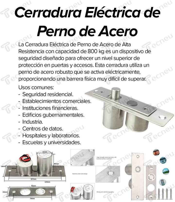 Cerradura Electrica Perno Acero 800kg Alta Resistencia Chapa - Tecneu