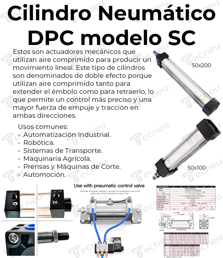 Pistón Actuador Neumático Sc50x100 Doble Efecto 1mpa Preciso - Tecneu