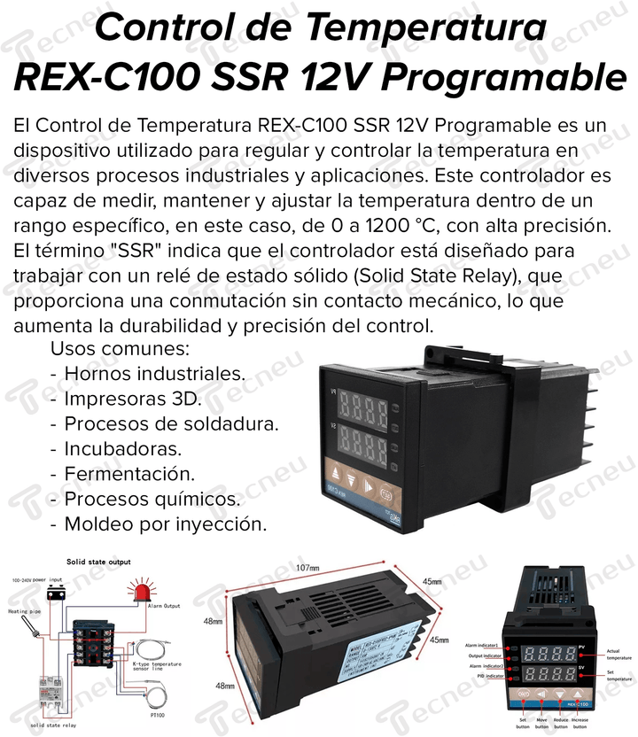 Control De Temperatura Rex - c100 Ssr 12v Programable 0 - 1200 °C - Tecneu