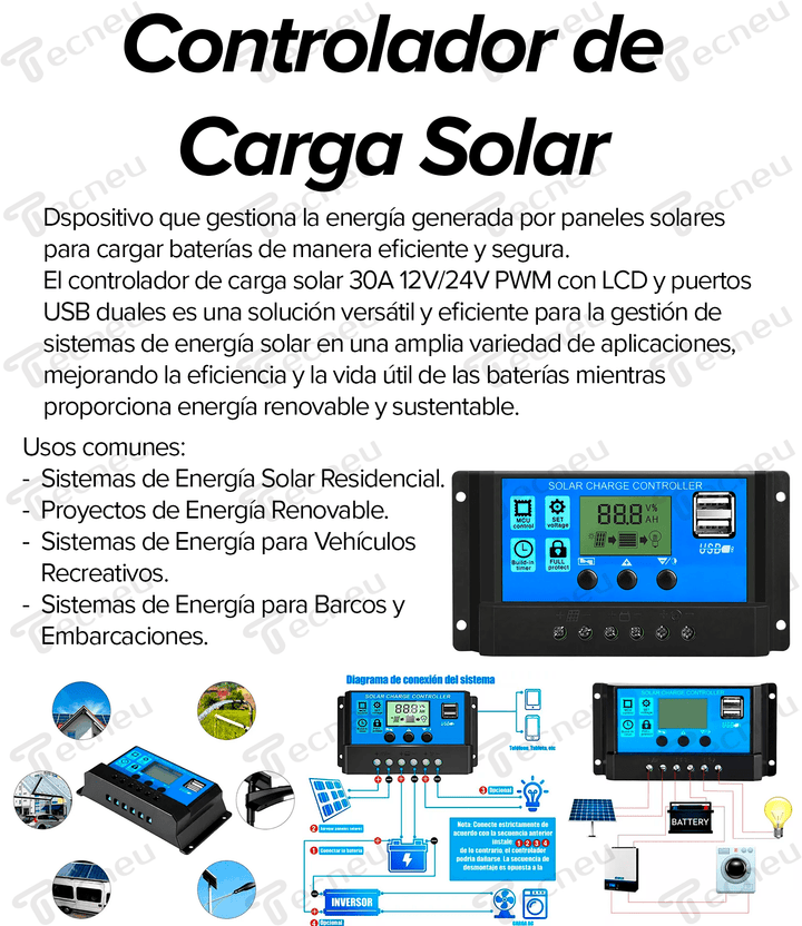 Controlador De Carga Solar 10a 12v/24v Pwm, Lcd, Usb 5v Dual - Tecneu