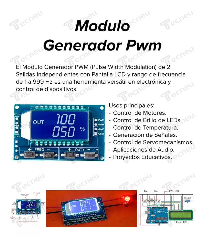 Módulo Generador PWM 2 Salidas LCD 1Hz - 150kHz 3.3 - 30V Serial - Tecneu