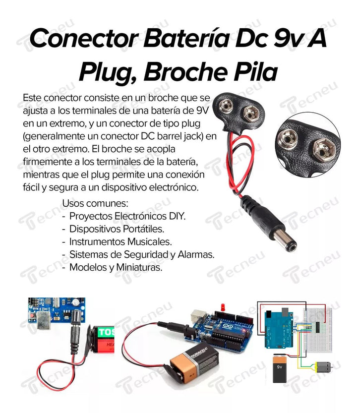 Conectores De Batería 9v Clip En T Con Carcasa Cable 15cm - Tecneu