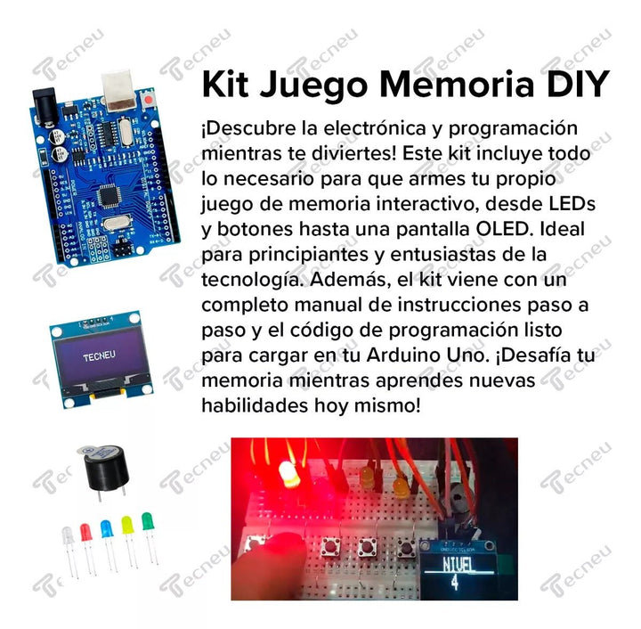 Kit Electrónica Principiante Arduino Juego Refuerzo Memoria Con Código - Tecneu