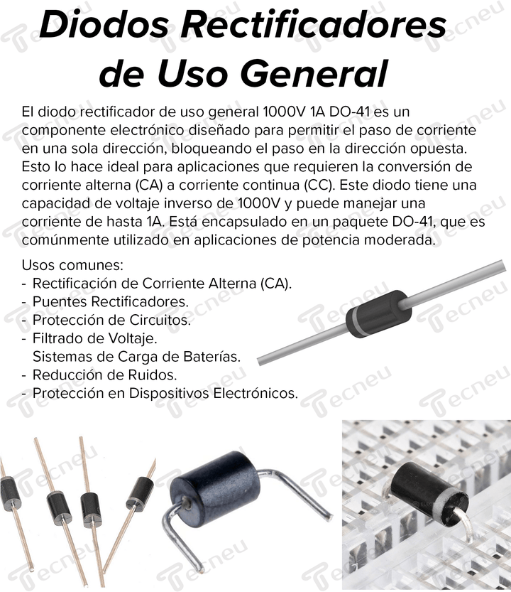 1N4007 Diodo Rectificador Uso General 1000V 1A DO - 41 - Tecneu