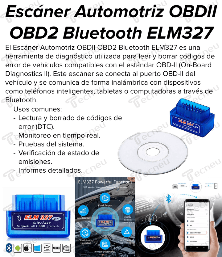 Escaner Automotriz Obdii Obd2 Bluetooth Elm327 - Tecneu