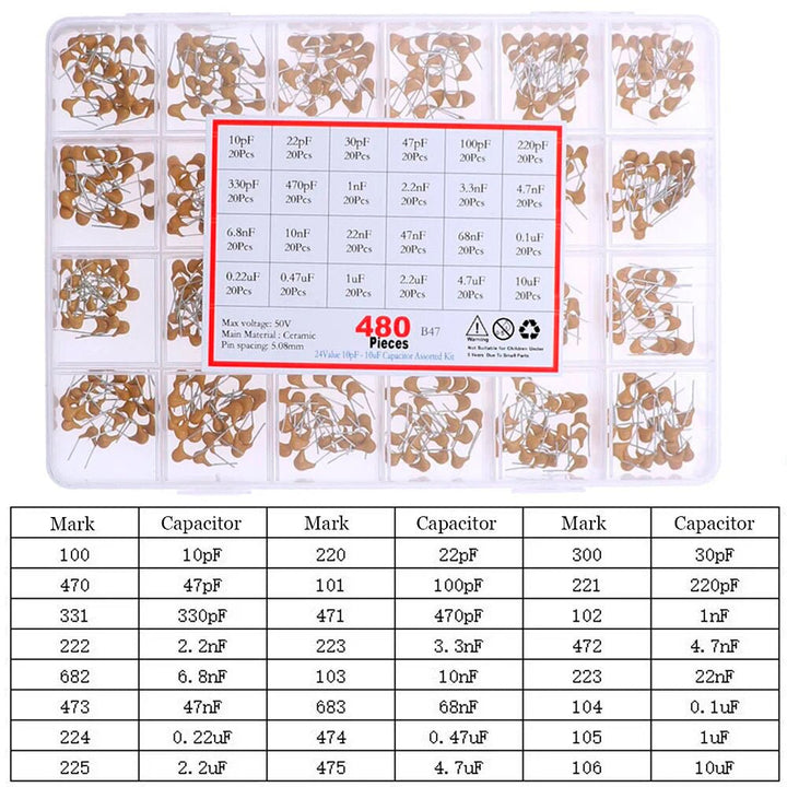 Kit 480 Condensadores Cerámicos 24 Valores Diferentes 50v - Tecneu