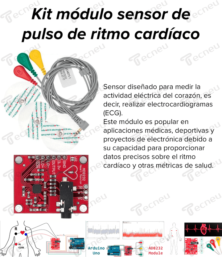 Ad8232 Ecg Kit Módulo Sensor De Pulso Ritmo Cardíaco - Tecneu