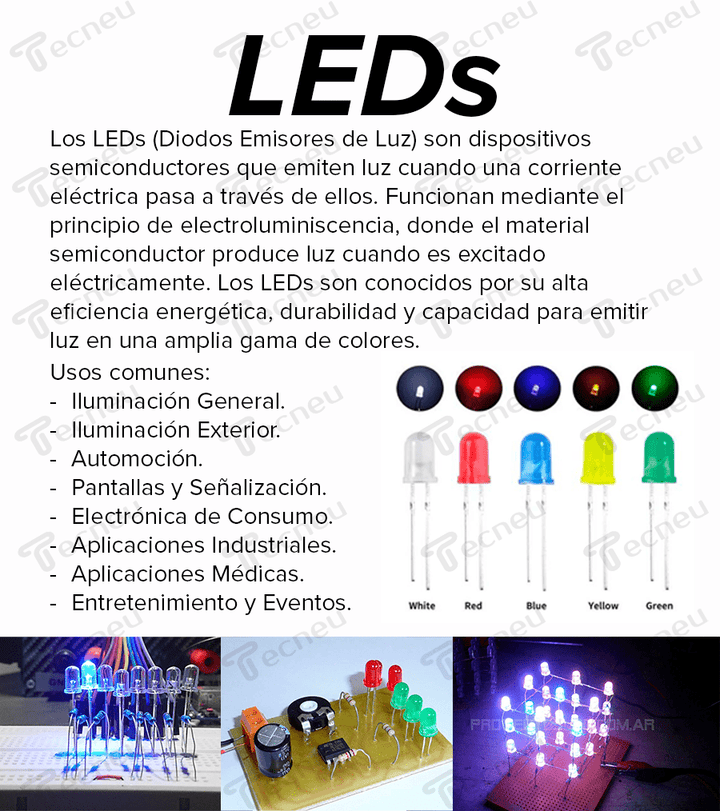 Leds Difusos 3mm Rojo, Ambar, Azul, Verde, Blanco - Tecneu