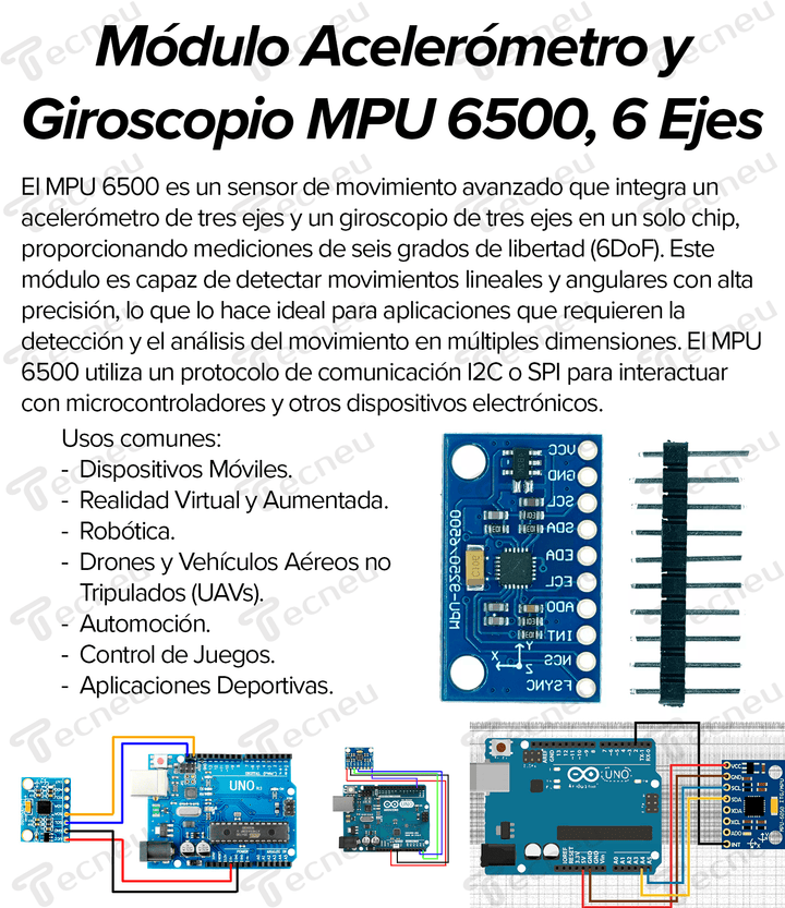 Módulo Acelerómetro y Giroscopio MPU 6500, 6 Ejes - Tecneu