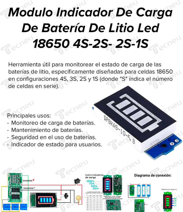 Modulo Indicador De Carga De Batería De Litio Led 18650 4S - 2S - 2S - 1S - Tecneu