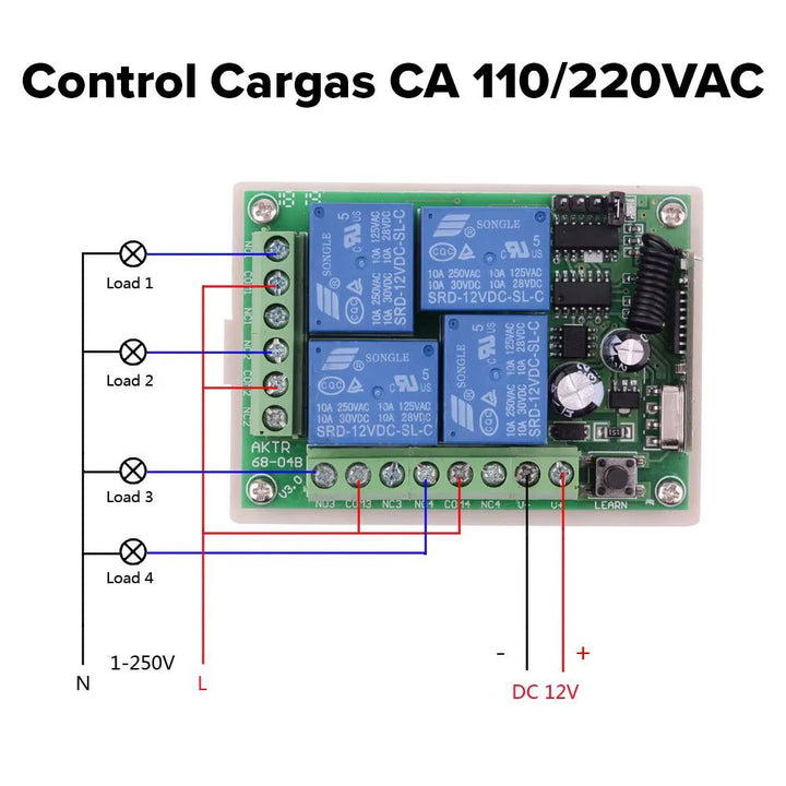 Receptor de relé de radiofrecuencia de 4 canales Control Remoto 433mHz - Tecneu