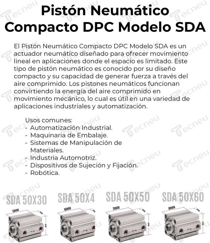 Pistón Actuador Neumático Cilindro SDA50x30 Aire 0.1 - 0.7mpa - Tecneu