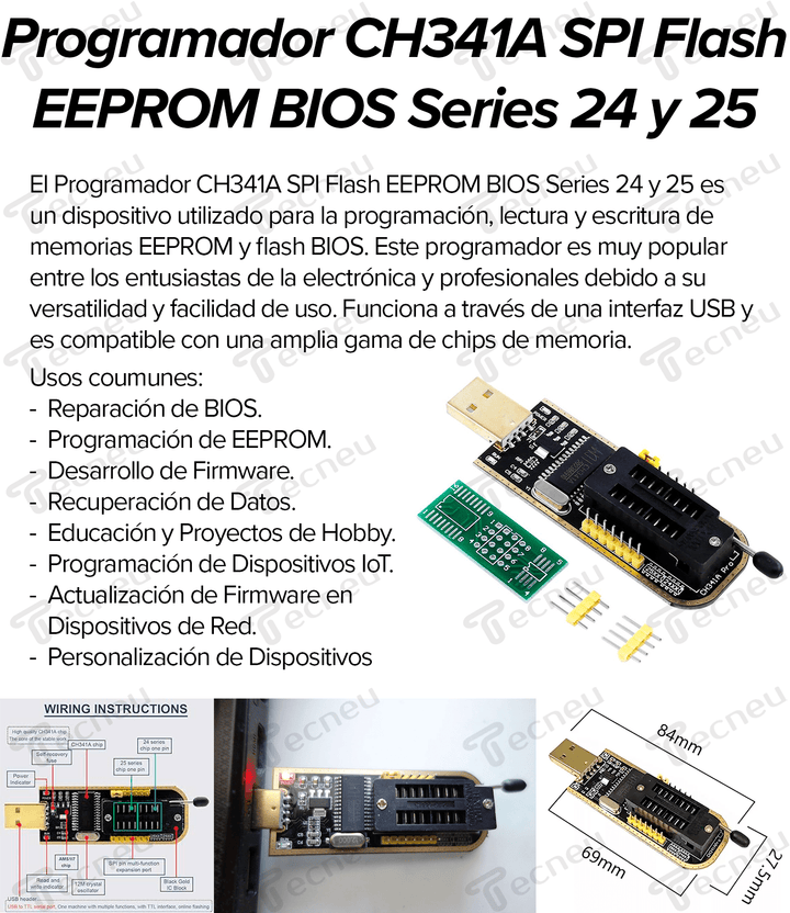 Programador Ch341a Spi Flash Eeprom Bios Series 24 Y 25 - Tecneu