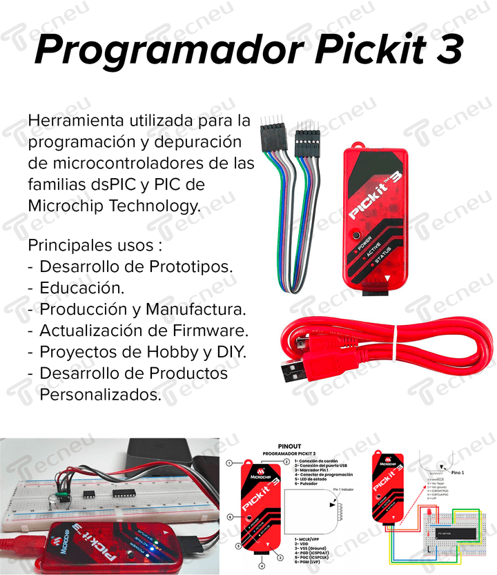 Programador Pickit 3 Cable Usb Adaptador Universal Dspic Pic - Tecneu