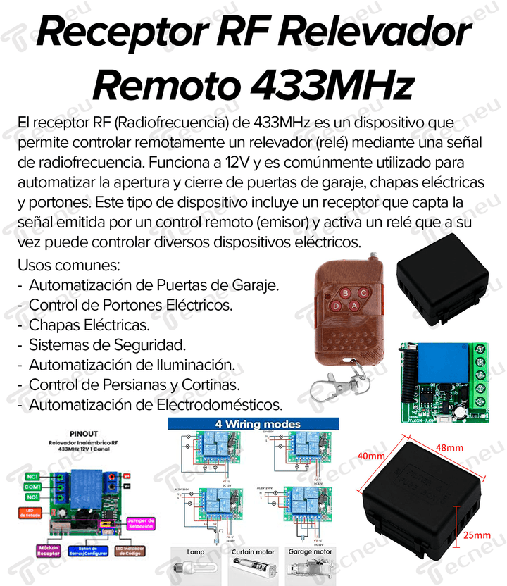 Receptor Rf Relevador Remoto 433mhz Garage Para Chapas Portones 12v - Tecneu