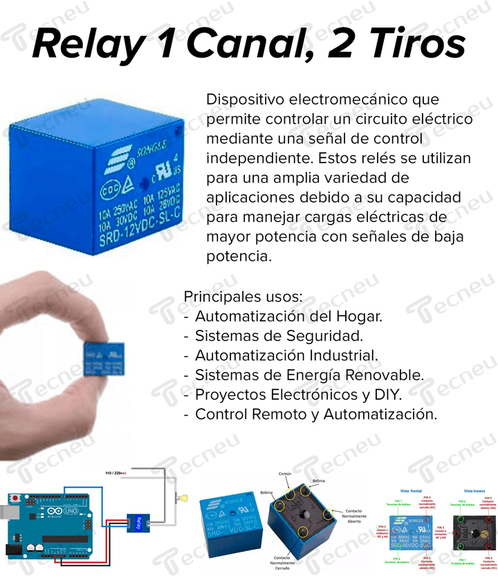 Relevador Relay 1 Canal, 2 Tiros, 5v 10a - Tecneu