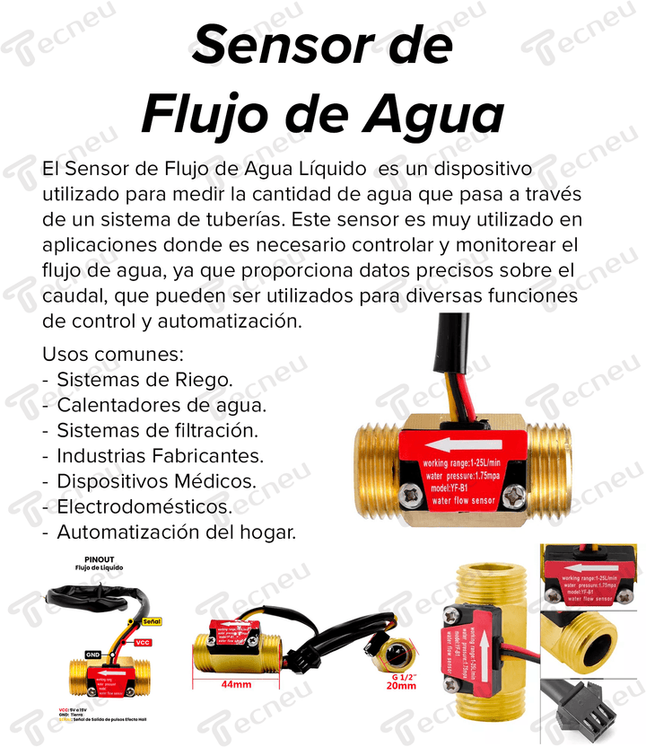 Sensor Flujo De Agua Liquido 1/2" Caudal Metálico Yf - b1 25L/min - Tecneu