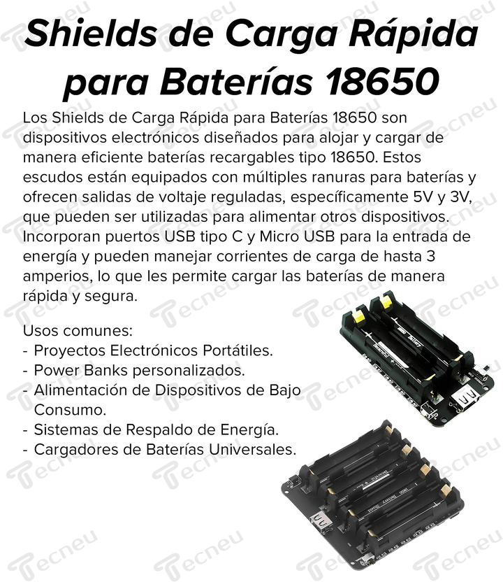 Shield Carga Rápida 4 Baterías 18650 3a 5v Y 3v Usb C Micro - Tecneu