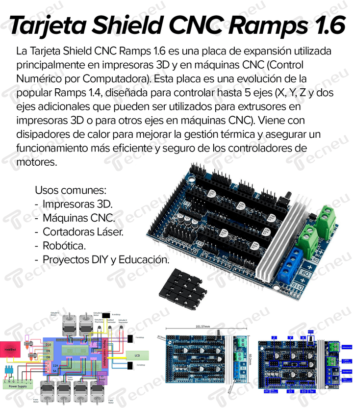 Tarjeta Shield Cnc Ramps 1.6 Impresora 3d 5 ejes + Disipador - Tecneu