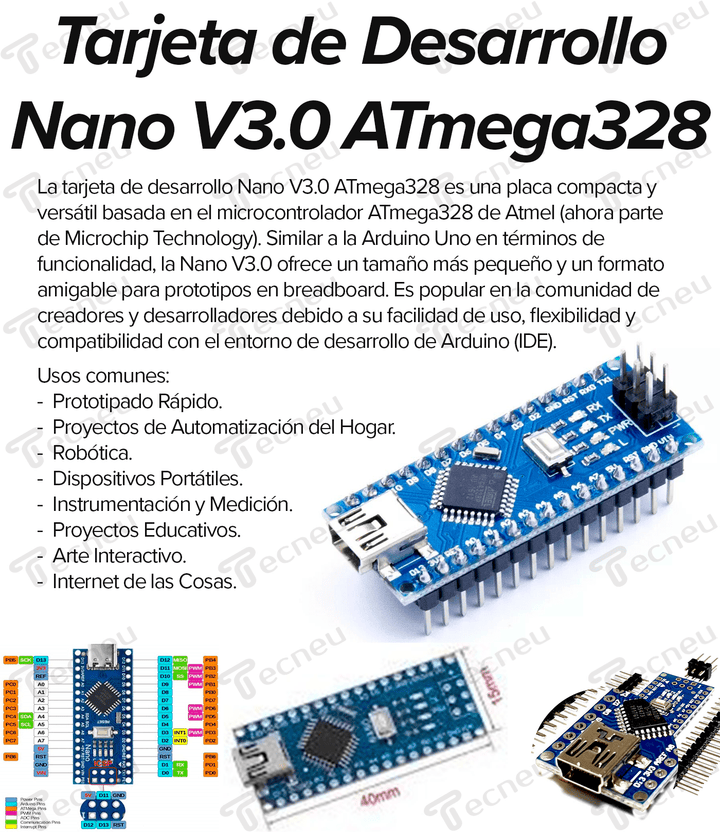 Tarjeta de desarrollo Nano V3.0 Atmega 328p Pines Desoldados - Tecneu