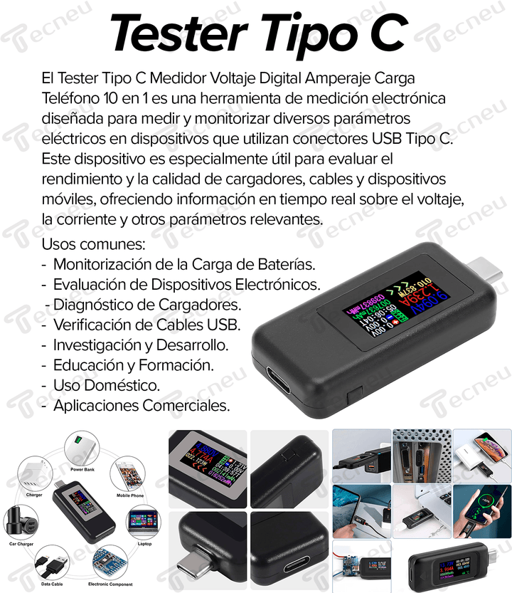 Tester Tipo C Medidor Voltaje Digital Amperaje Carga Telefono 10 En 1 - Tecneu