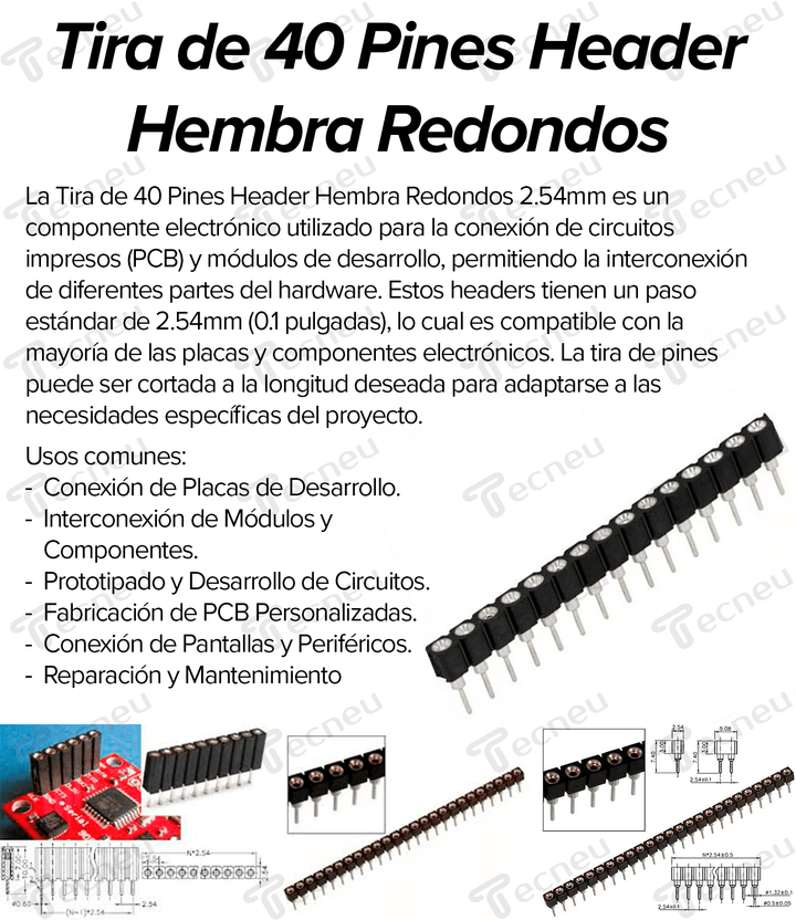 Tira De 40 Pines Header Hembra Redondos 2.54mm - Tecneu